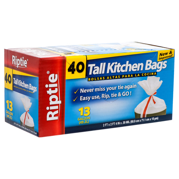 TRASH BAG 13GAL 40CT WHITE "RIPTIE" #55913(1 Count)
