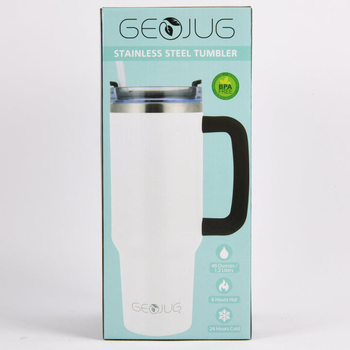GeoJug 40oz insulated stainless steel travel mug BPA‚Äëfree with handle and straw white tumbler