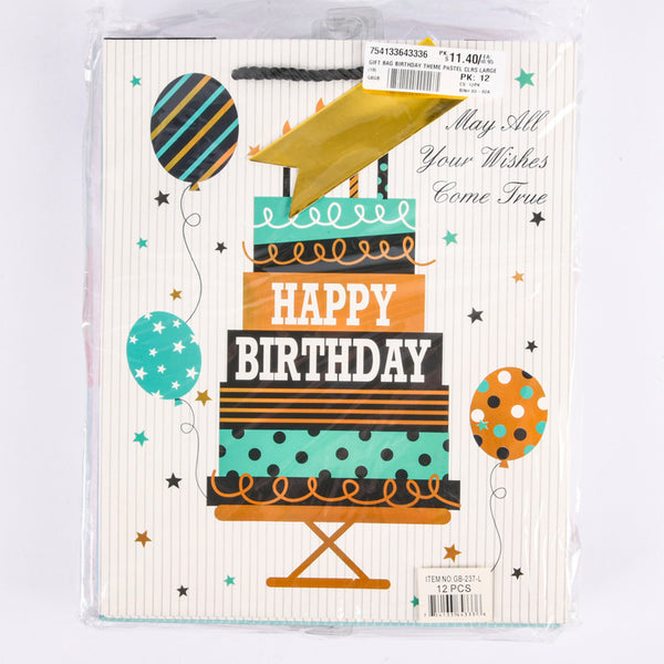 GIFT BAG BIRTHDAY THEME PASTEL CLRS LARGE(12 Count)
