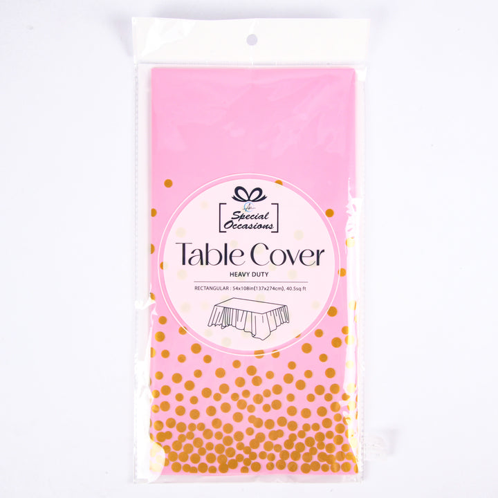 Pink and gold polka dot rectangular table cover measuring 54 x 108 inches for party decorations