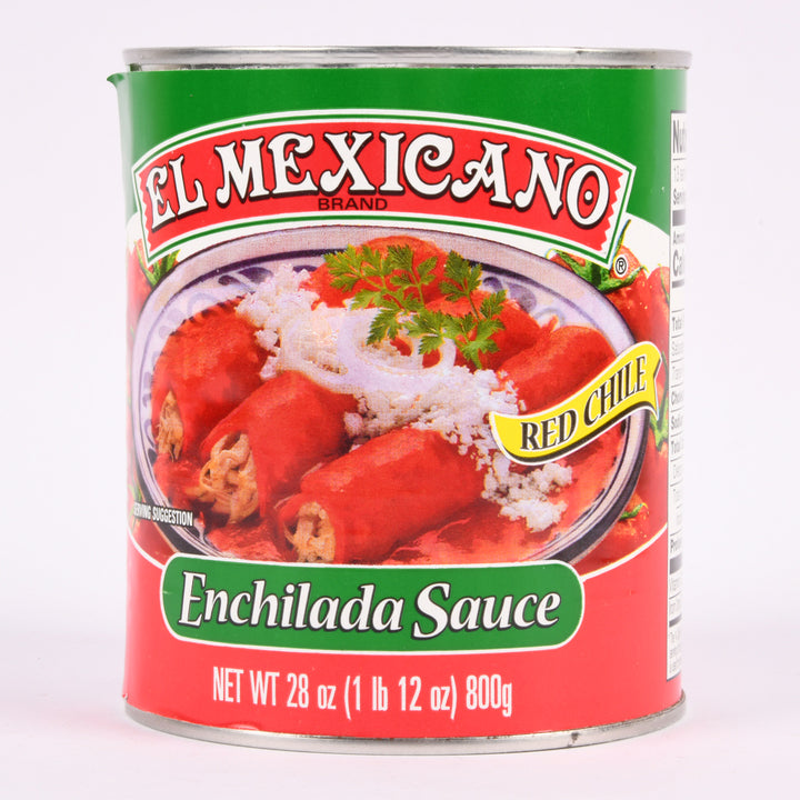 Can of El Mexicano brand red chile enchilada sauce. The label is green and red with an image of enchiladas topped with cheese and garnished with parsley. Text indicates ‚ÄòEnchilada Sauce,‚Äô ‚ÄòRed Chile,‚Äô and net weight of 28 oz (800 g)