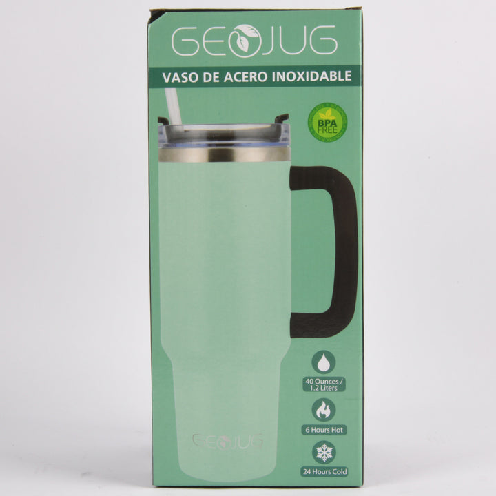 GeoJug 40oz insulated stainless steel travel mug BPA‚Äëfree with handle and straw mint green
