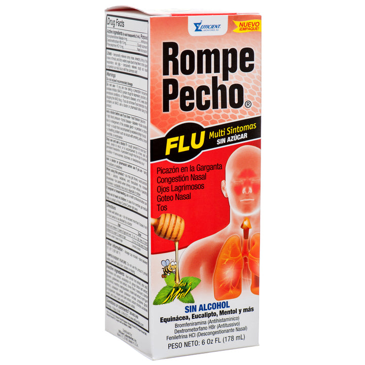 Rompe Pecho Flu sugar free multi symptom relief cough syrup herbal expectorant 6oz alcohol free