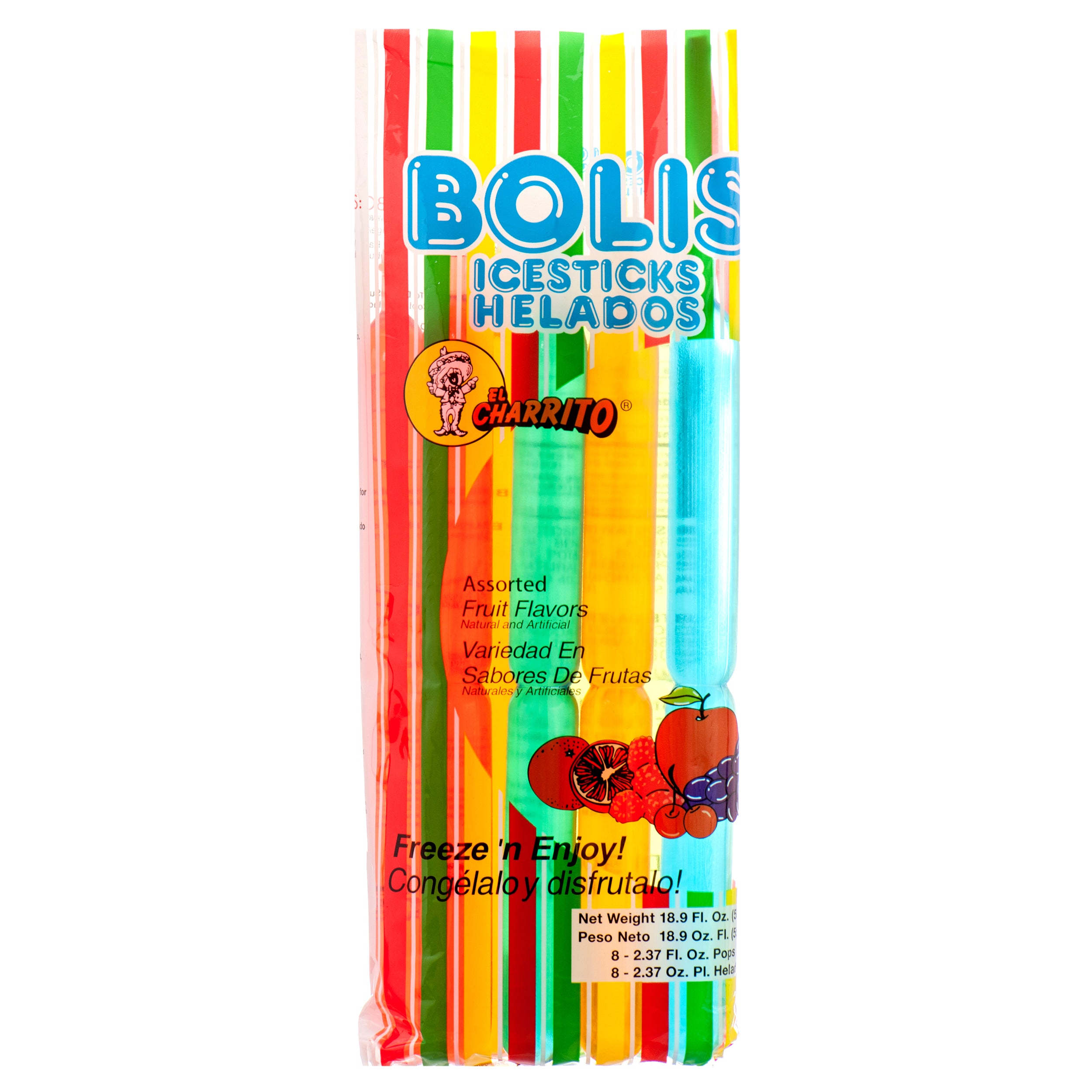 El Charrito Bolis ice sticks assorted fruit flavors colorful freeze pops helados in plastic packaging