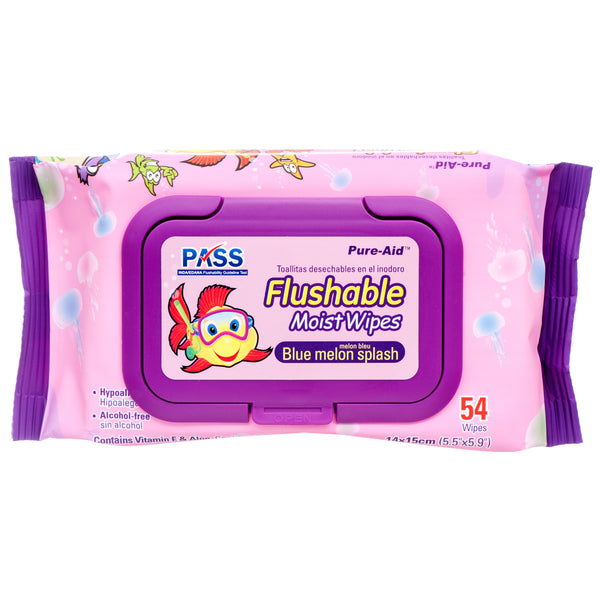 Pure-Aid Flushable Wipes, Pink, 54 Count (24 Pack)