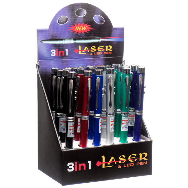 Pen W/ Laser & Led 3 In 1 Assorted Color (24 Pack)