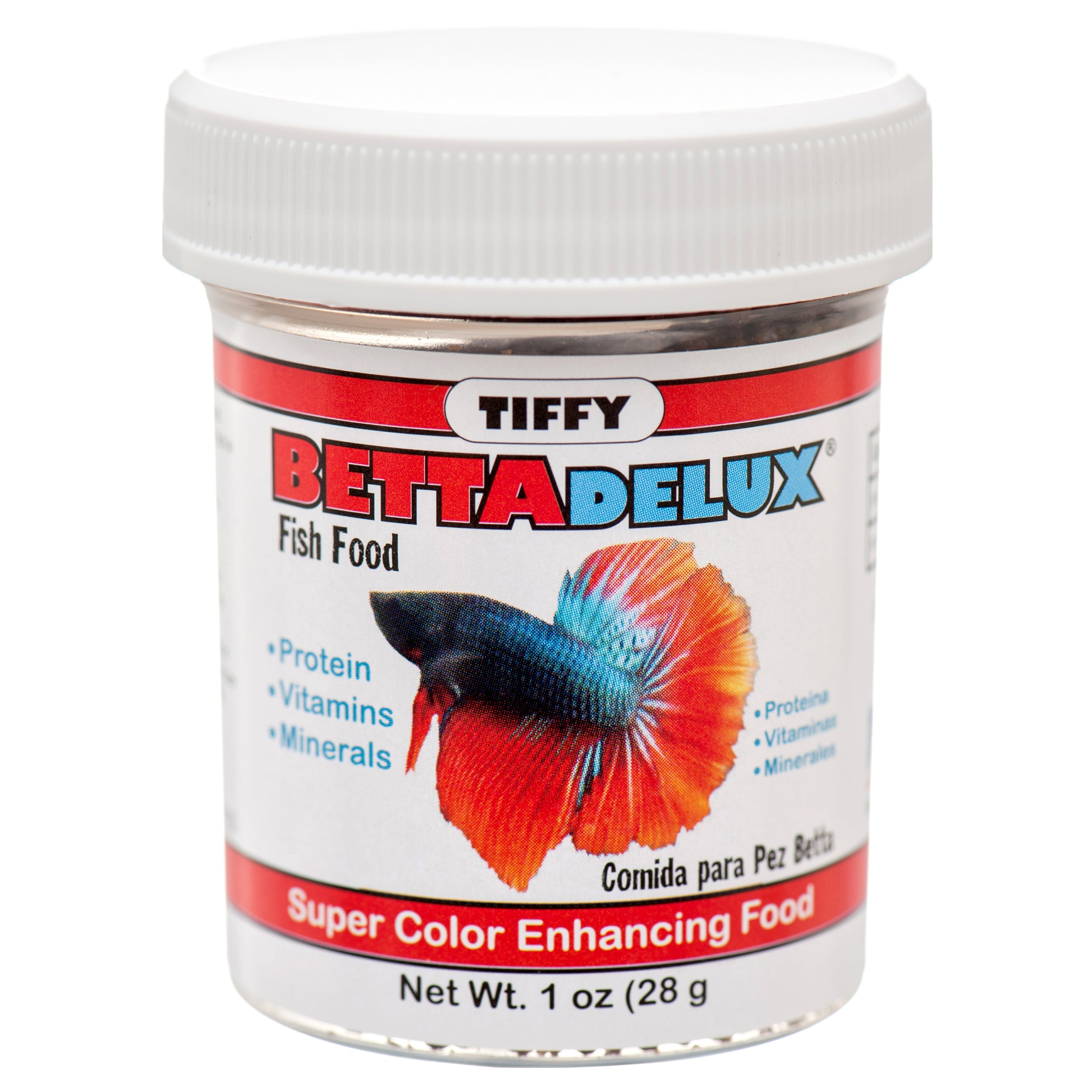 Tiffy Betta Delux fish food 1 oz container with color enhancing flakes for betta fish nutrition