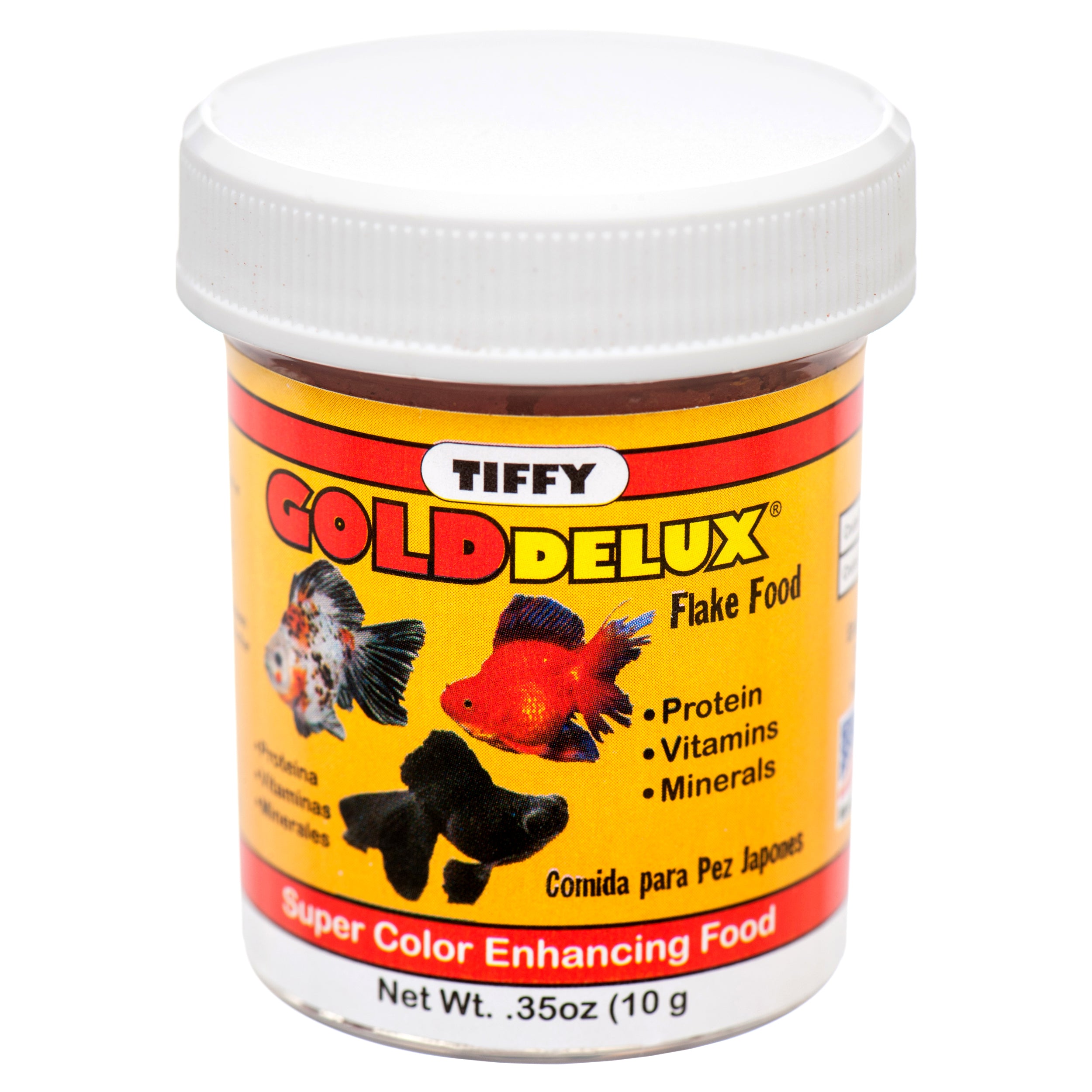 Tiffy Gold Delux goldfish flake food container with color enhancing tropical fish flakes and nutrient formula