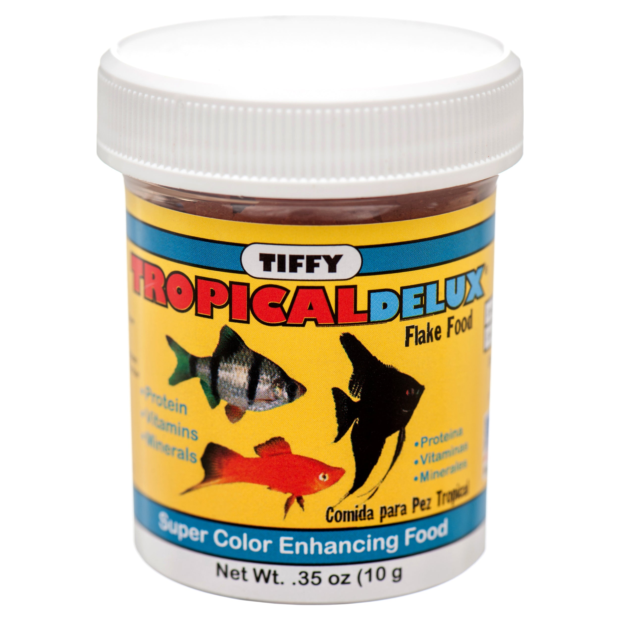 Tiffy Tropical Delux flake fish food container with color enhancing flakes for tropical aquarium fish