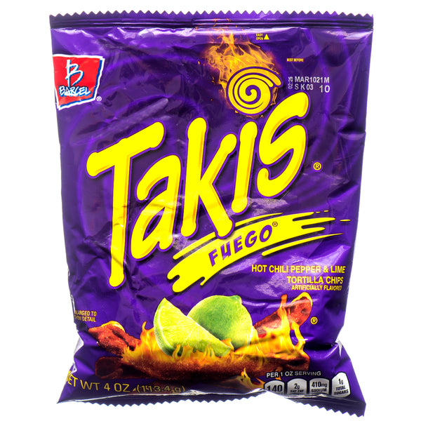 Takis Fuego Hot Chili Pepper & Lime Tortilla Chips, 4 oz (20 Pack)