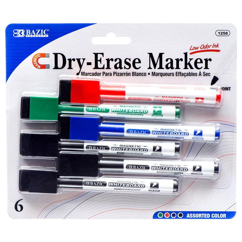 Bazic Dry-Erase Marker 6 Pack W/ Eraser Tip (12 Pack)