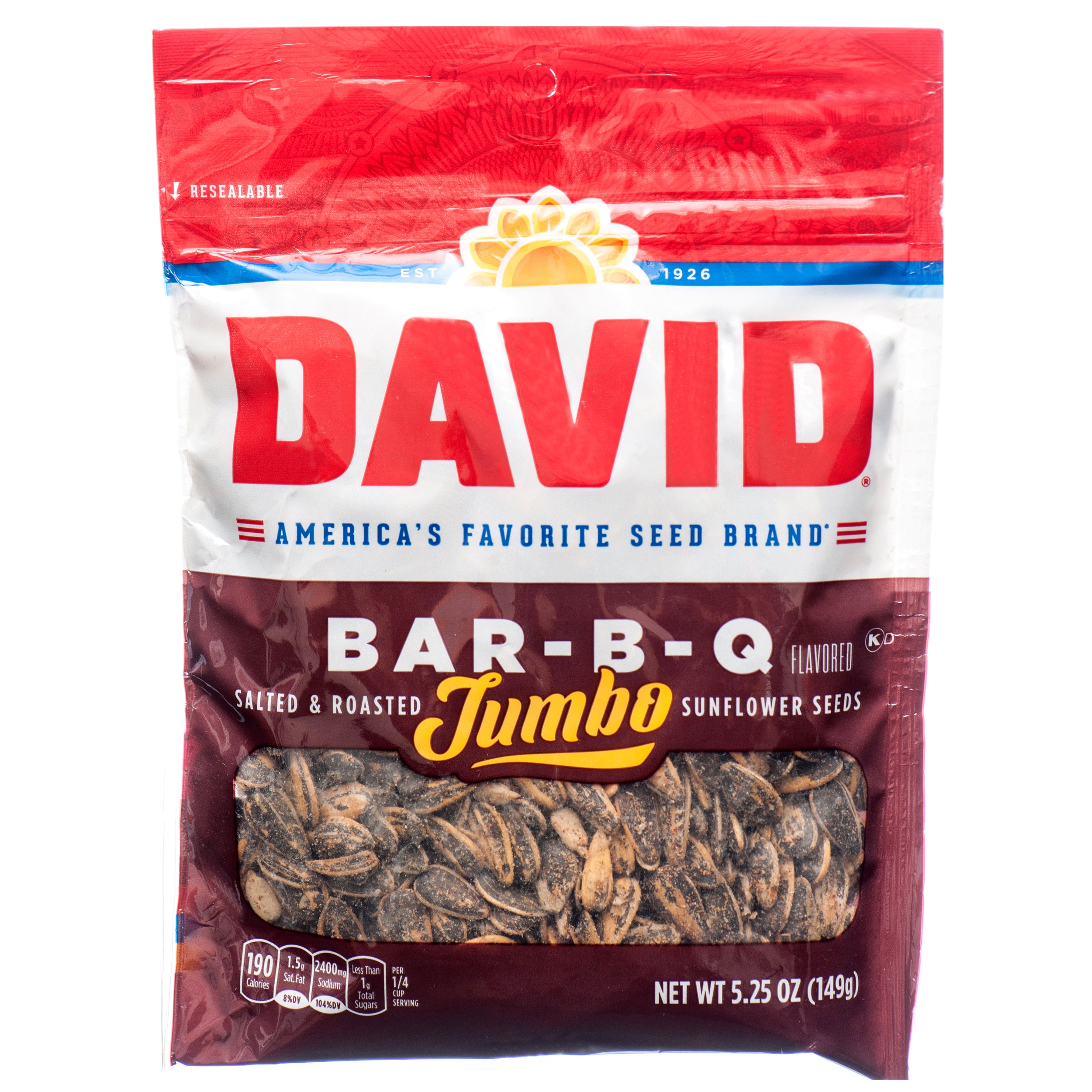 David Jumbo Bar-B-Q sunflower seeds bag with roasted BBQ flavored seeds and resealable packaging