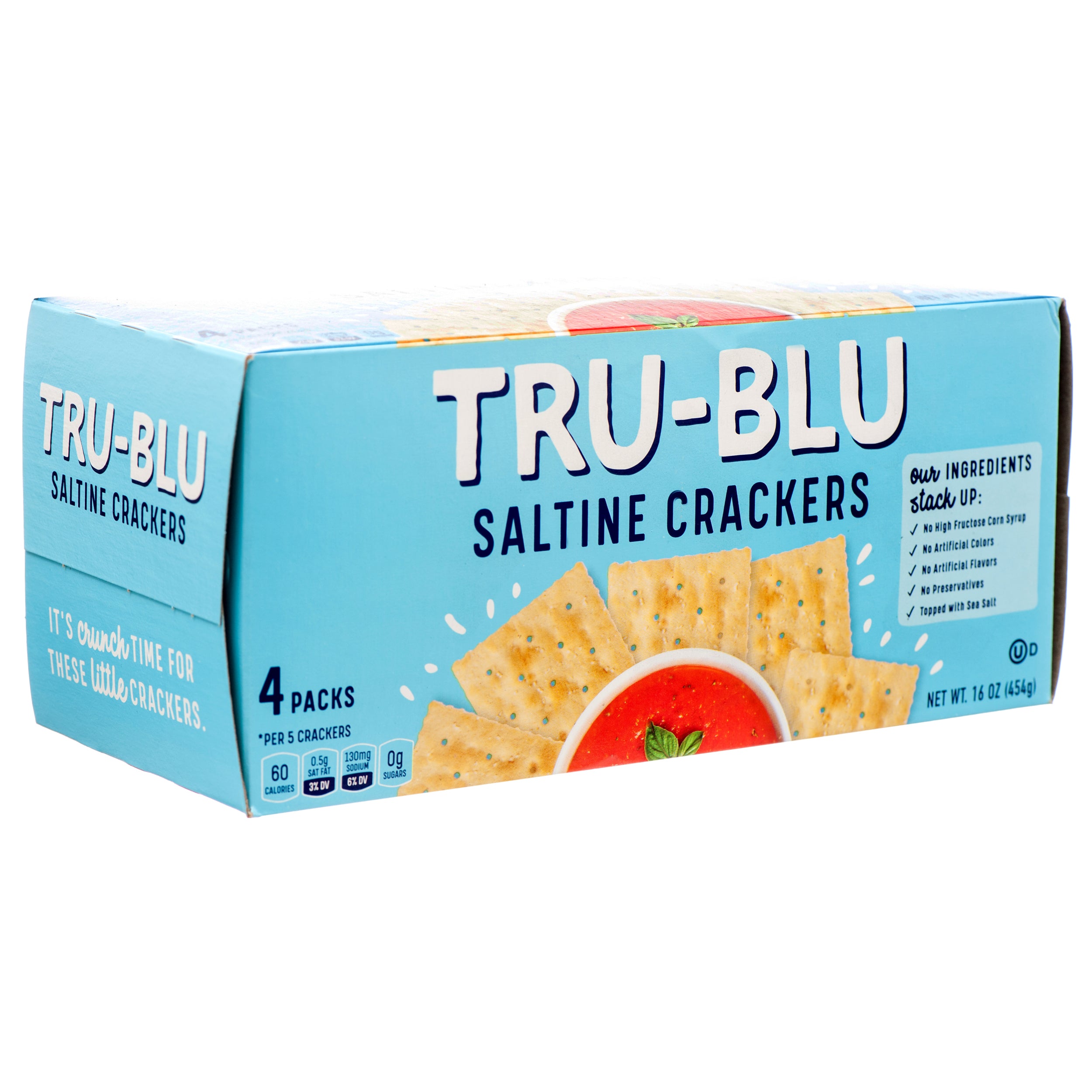 Tru-Blu saltine crackers 4 pack box with crispy square crackers and light snack packaging