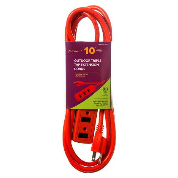 Outdoor Triple Tap Extension Cords, 10' (12 Pack)