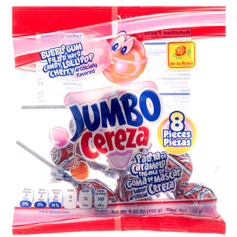 De La Rosa Jumbo Cereza Lollipops, 8 Count (24 Pack)