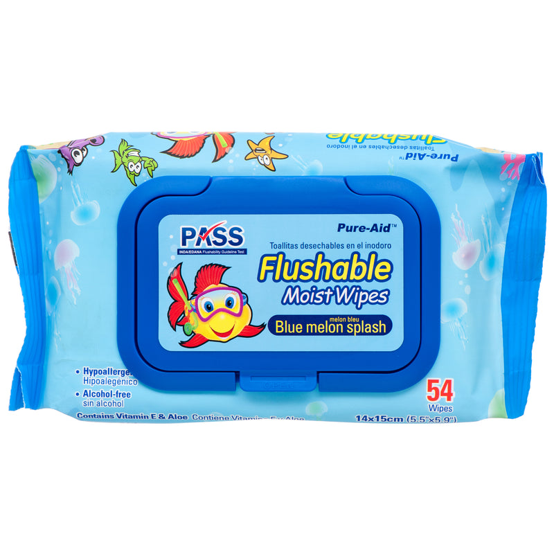 Pure-Aid Flushable Wipes, Blue, 54 Count (24 Pack)