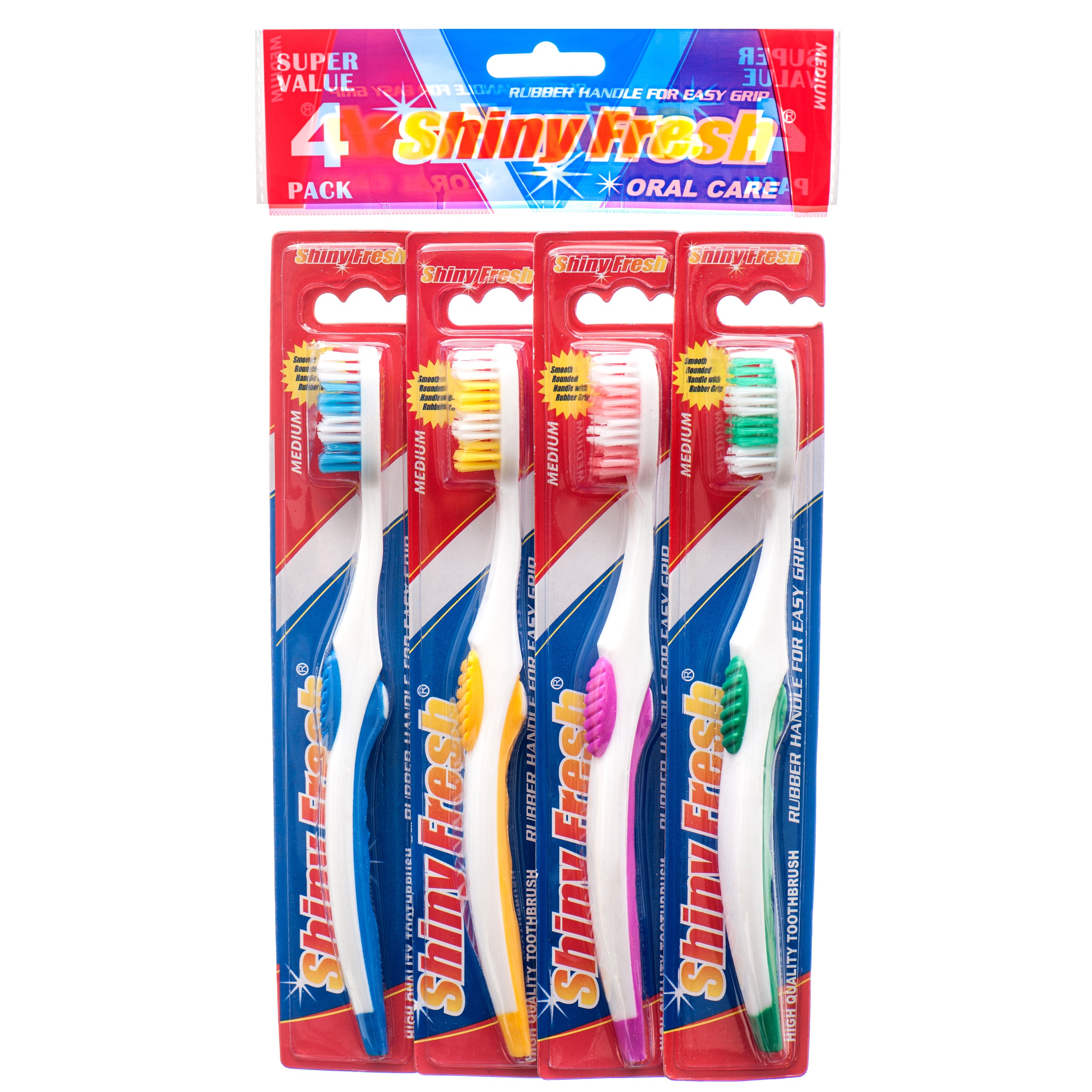 Shiny Fresh medium toothbrush 4 pack with rubber handle – manual oral care toothbrushes
