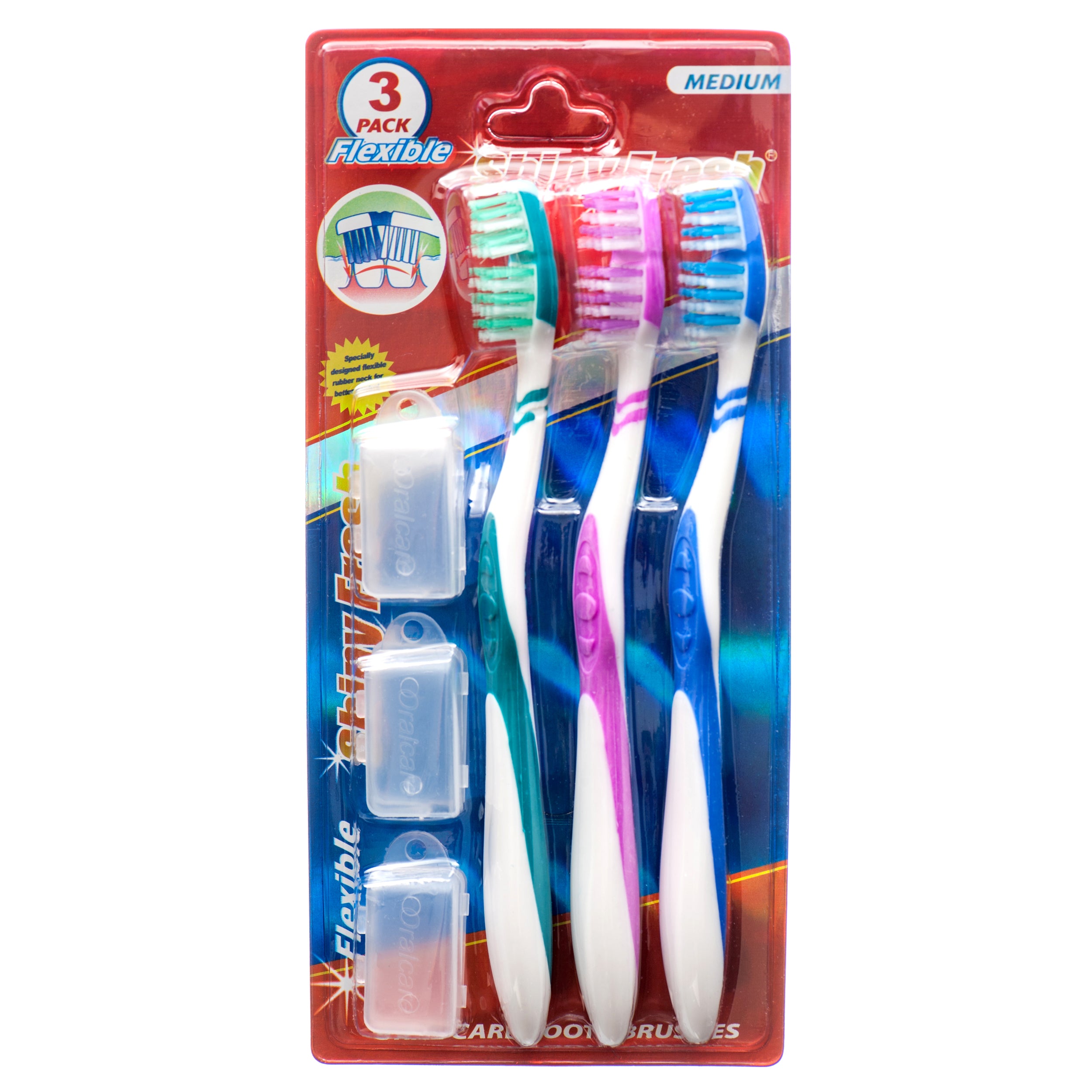 Shiny Fresh flexible medium toothbrush 3 pack with travel covers – manual oral care toothbrushes