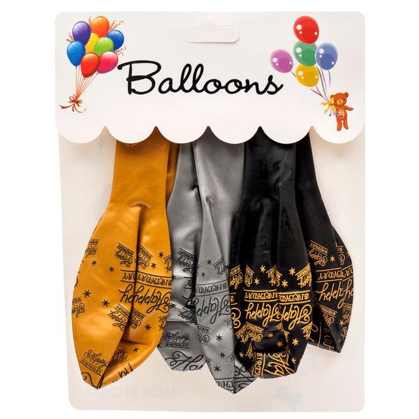 Happy Birthday Balloons Black And Gold (12 Pack)
