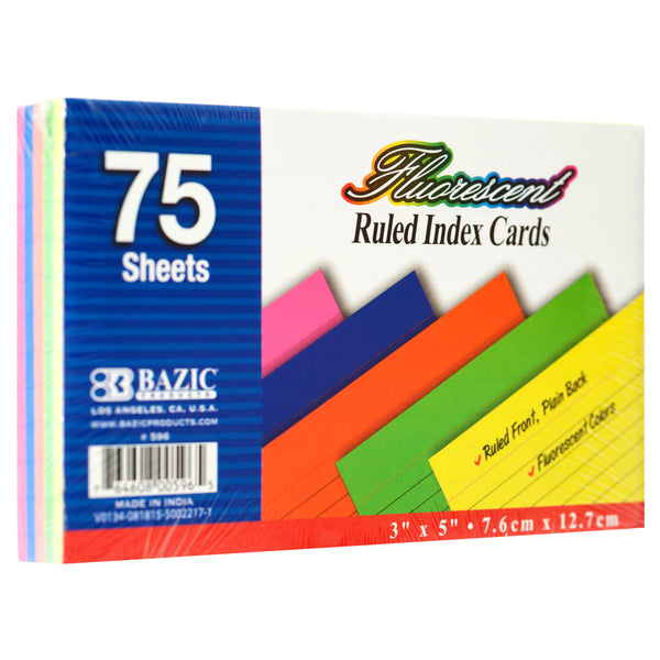Fluorescent Ruled Index Cards, 75 Count (36 Pack)