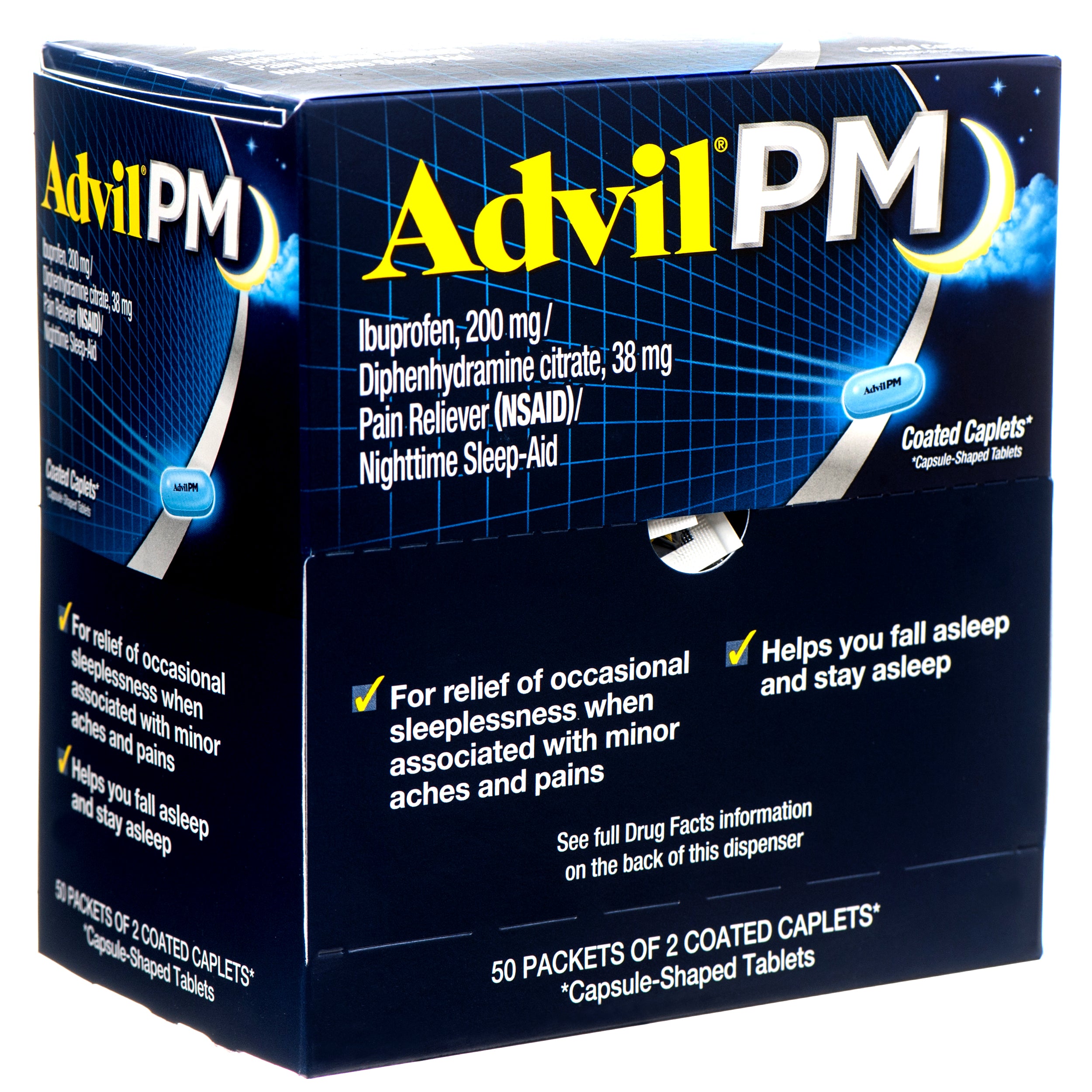 Advil PM nighttime pain reliever sleep aid ibuprofen 200 mg display with 50 packets of coated caplets