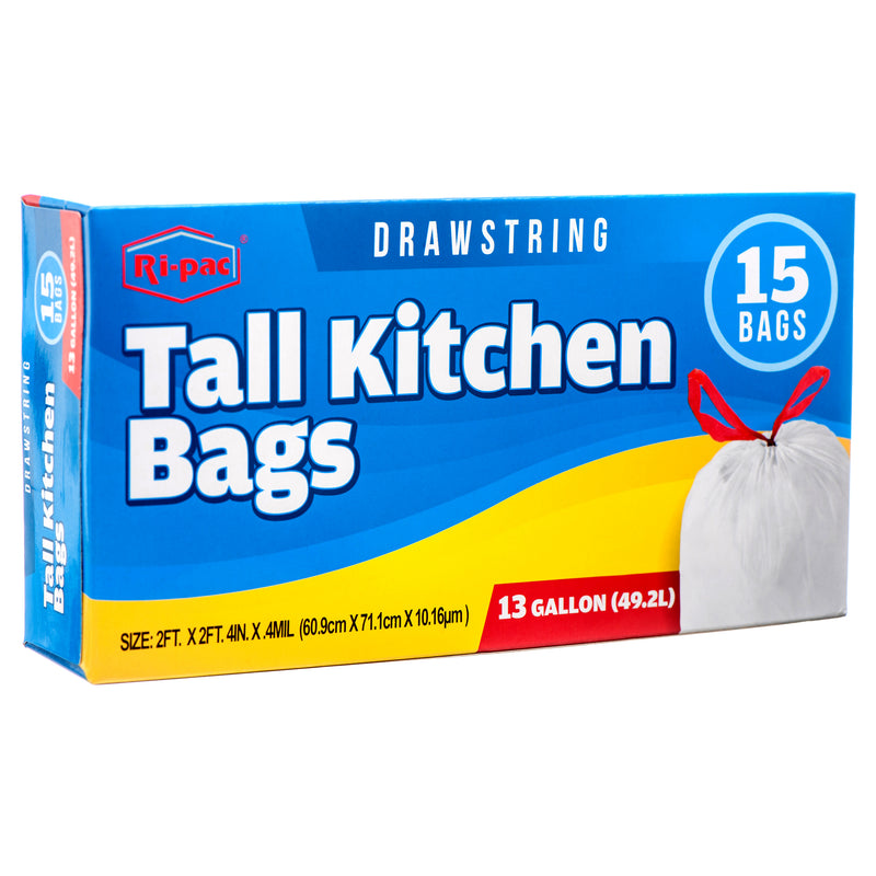 Ri-Pac Trash Bag W/Drawstring 13 Gal 15 Ct White (24 Pack)