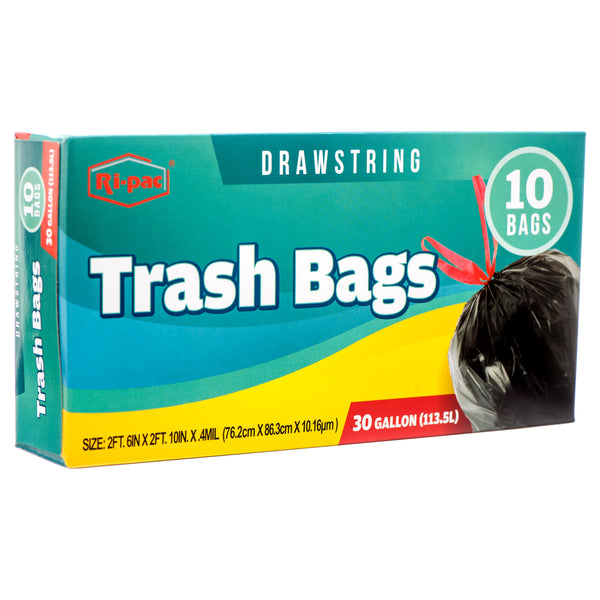 Ri-Pac Trash Bag W/Drawstring 30 Gal 10 Ct Black (24 Pack)