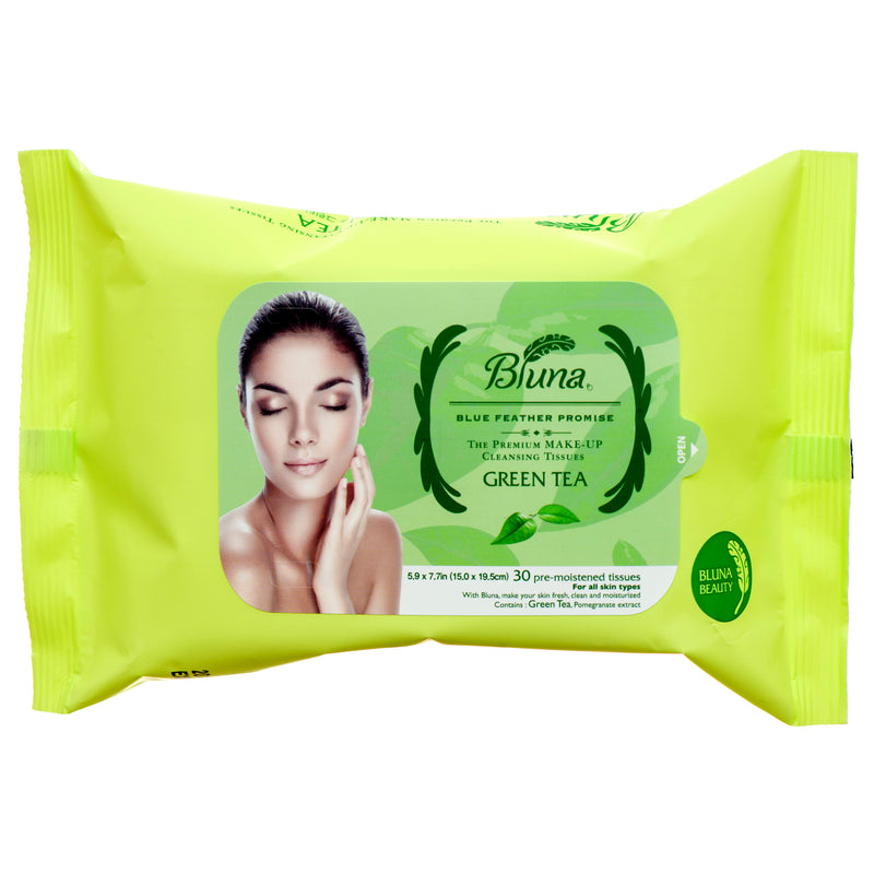 Bluna Facial Makeup Cleansing Tissue, Green Tea, 30 Count (12 Pack)