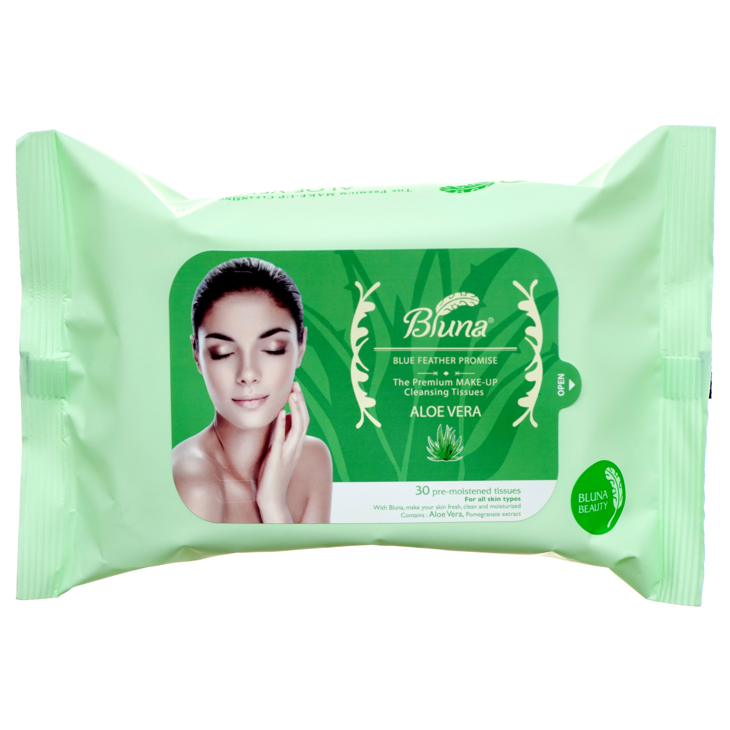 Bluna Aloe Vera facial makeup cleansing tissues in resealable pack with 30 pre‑moistened wipes