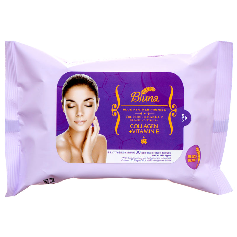 Bluna Facial Makeup Cleansing Tissue, Collagen + Vitamin B, 30 Count (12 Pack)