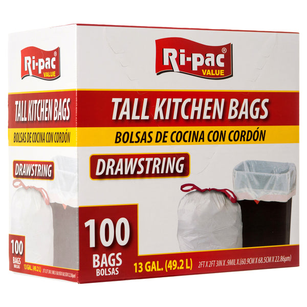 Ri-Pac Trash Bag W/Drawstring Tall 13Gal 100Ct Wht (4 Pack)