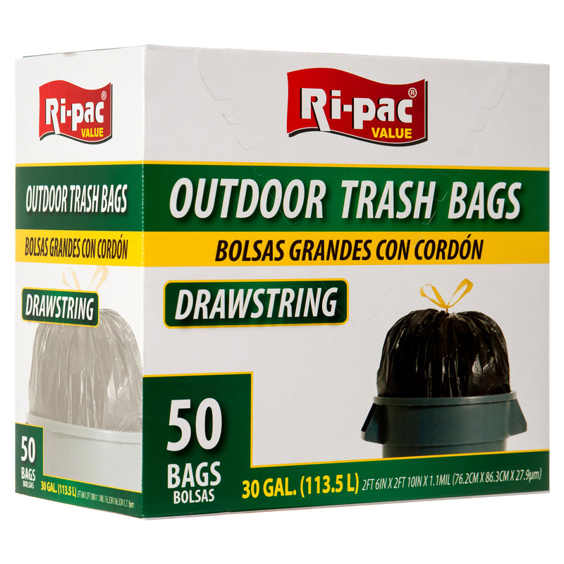 Ri-Pac Trash Bag W/Drawstring Outdoor 30Gal 50Ct Blk (4 Pack)