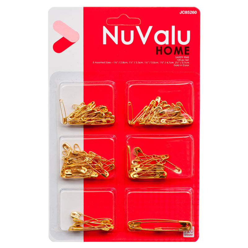 Nuvalu Safety Pins Mix 120Ct Gold Color W/Blister (24 Pack)
