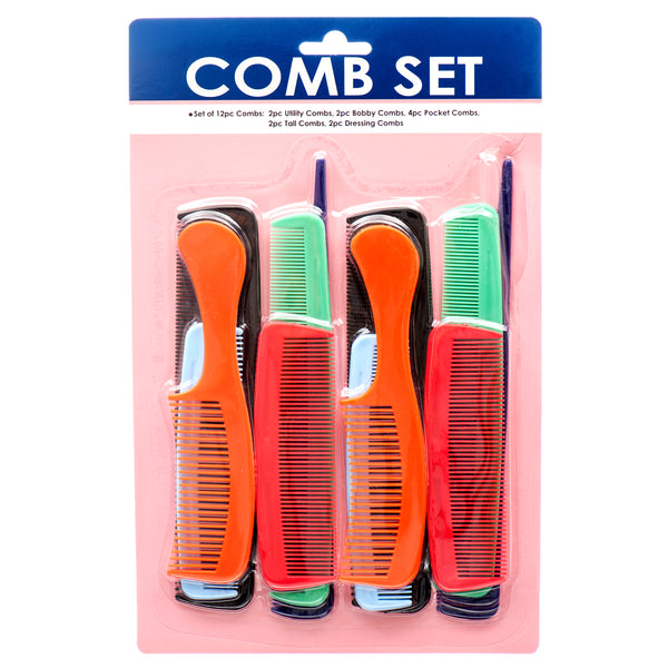 Comb Set 12Pc Plastic Bright Color W/Blister (24 Pack)