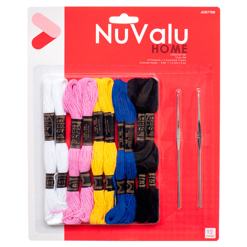 Nuvalu Crochet Needle 2Pc&Thread 5 Color / 12Pc W/Blister (24 Pack)