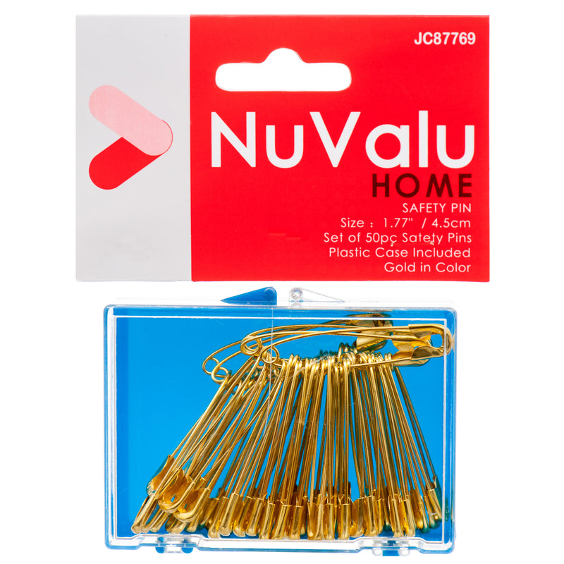 Nuvalu Safety Pins 1.77" 50Ct Gold Color W/Plastic Box & Head Card (24 Pack)