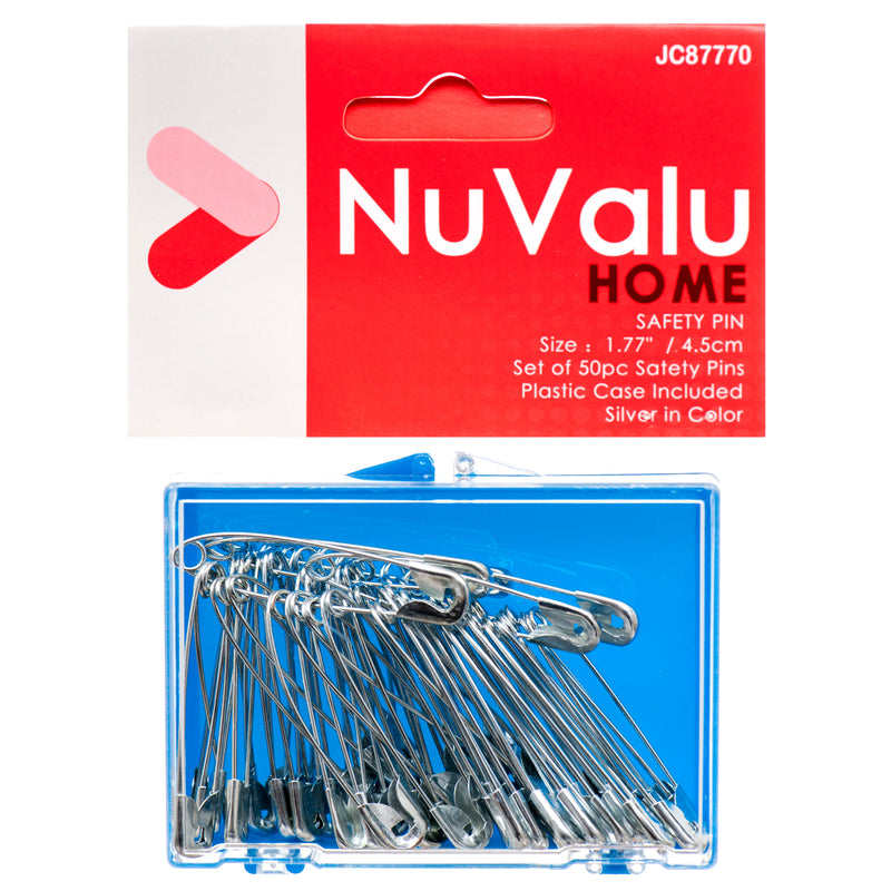Nuvalu Safety Pins 1.77" 50Ct Silver Color W/Plastic Box & Head Card (24 Pack)