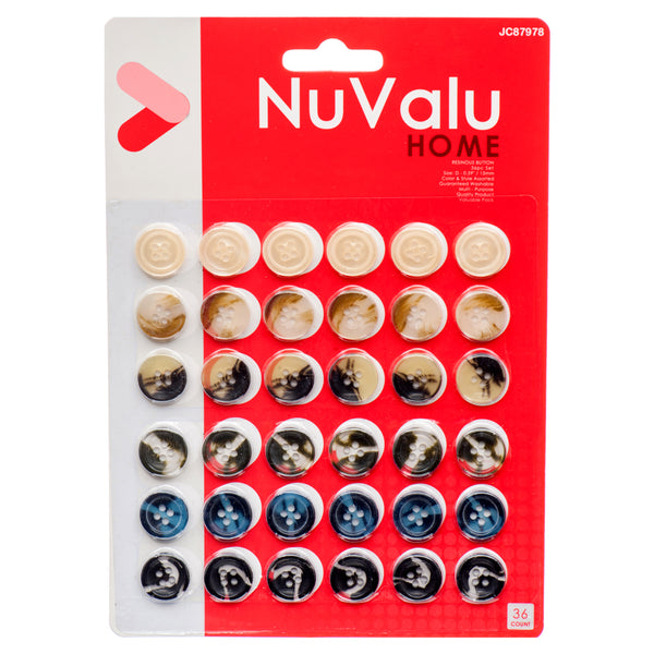 Nuvalu Button Resinous 36 Ct 15Mm Asst Clr (24 Pack)