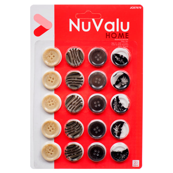 Nuvalu Button Resinous 20 Ct 21Mm Asst Clr (24 Pack)