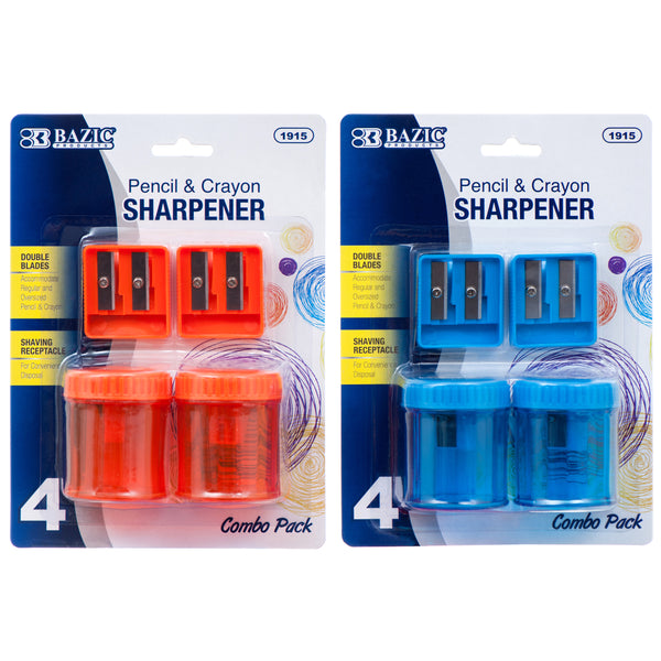 Double Blade Pencil & Crayon Sharpener w/ Receptacle, 4 Count (24 Pack)
