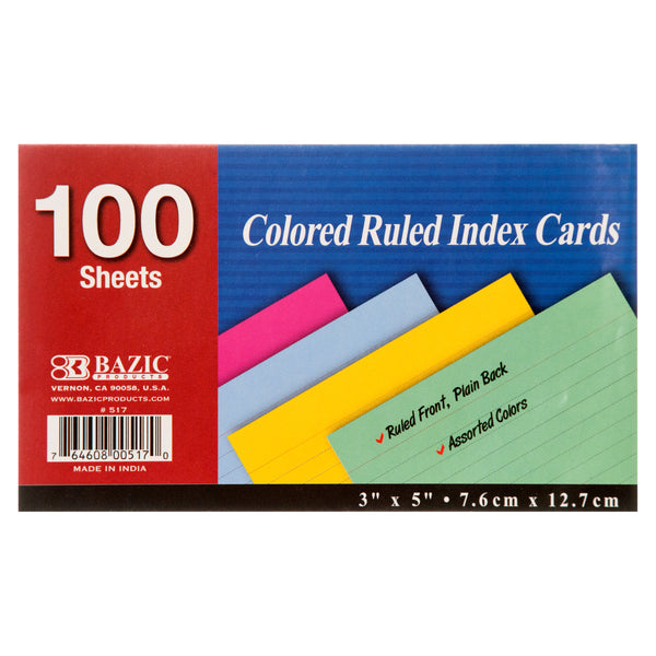 Color Ruled Index Cards, 3" x 5", 100 Count (36 Pack)